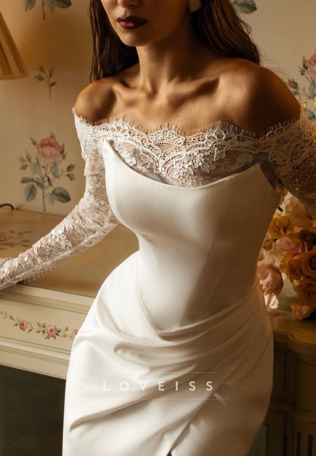 Off Shoulder Lace Long Sleeve Mermaid Wedding Dress