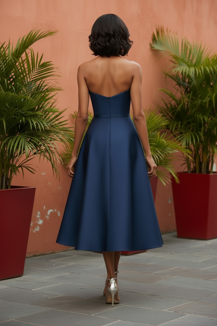 Strapless Floral Print A-Line Midi Dress