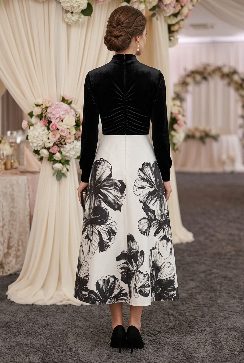 Pleated Bodice Floral Print A-Line Midi Dress