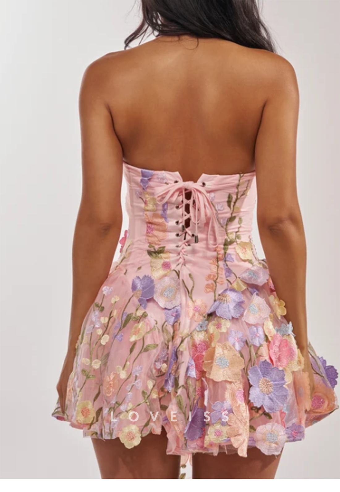 Floral Embroidered Corset Mini Dress with Asymmetrical Hem