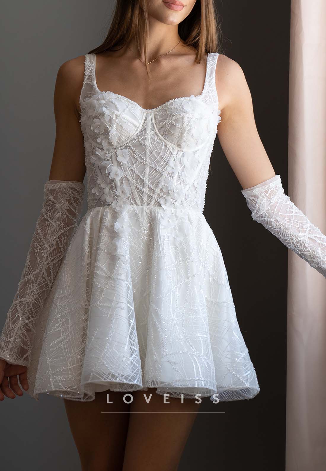 Embellished Mini Dress with Corset and Gloves