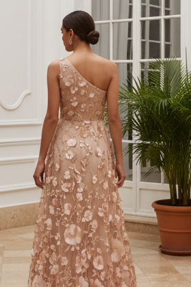 One-Shoulder 3D Floral Appliqué Maxi Dress