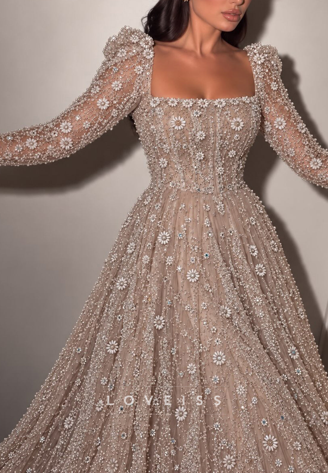 Embellished Square Neck Long Sleeve A-Line Gown