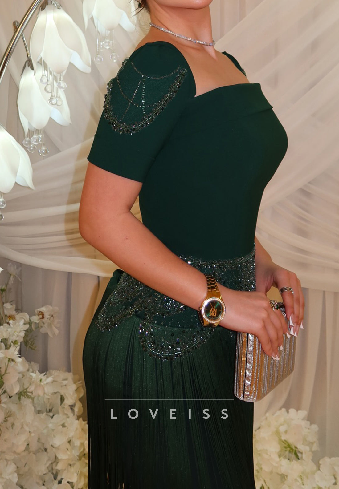 Beaded Fringe Cap Sleeve Evening Gown