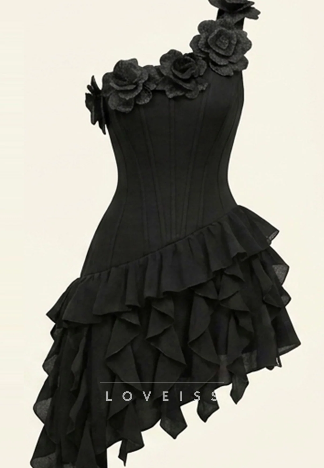 One Shoulder 3D Flower Corset Ruffle Tiered Dress