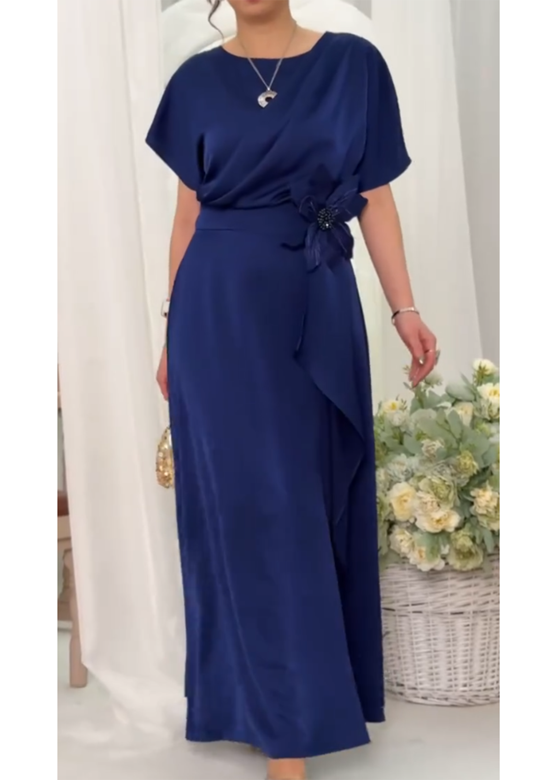 Draped Waist Maxi Dress with Floral Accent