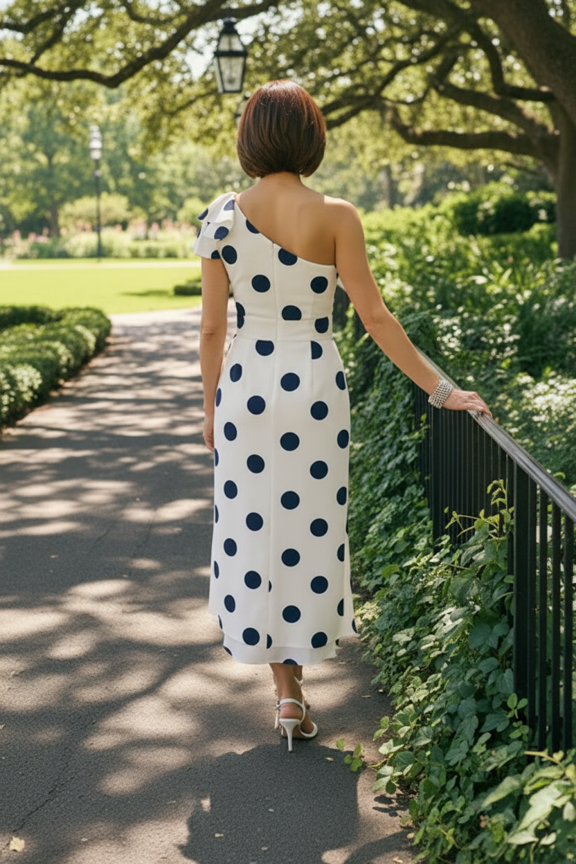 One-Shoulder Ruffle Polka Dot Midi Dress