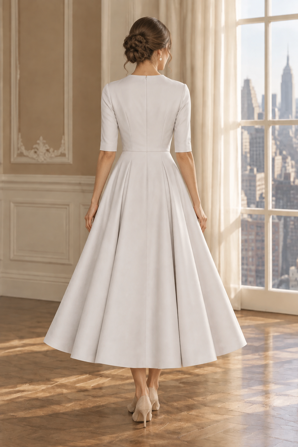 Wrap-Bodice A-Line Midi Dress with Elbow Sleeves