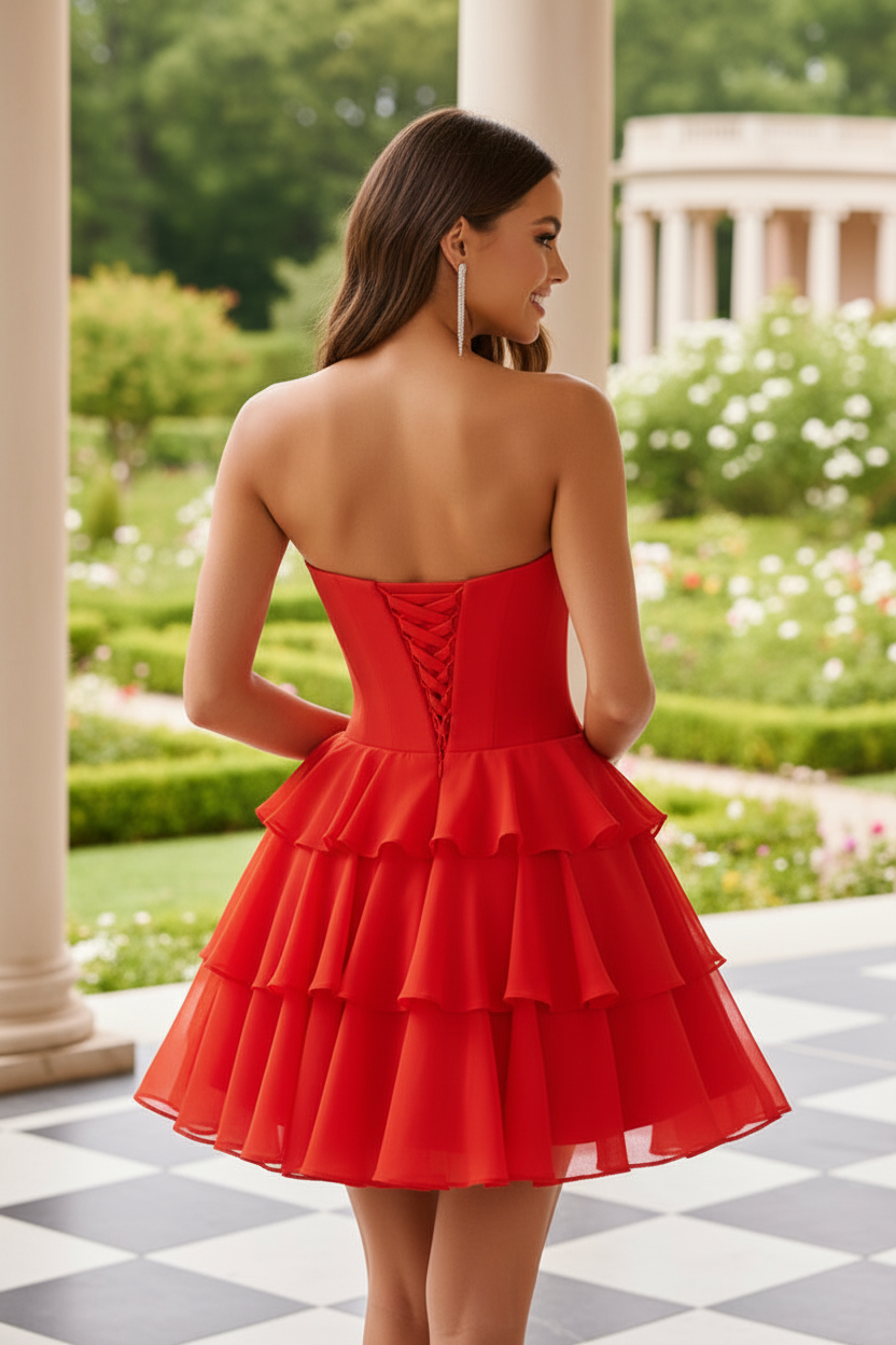 Strapless Sweetheart Tiered Mini Dress with Bows