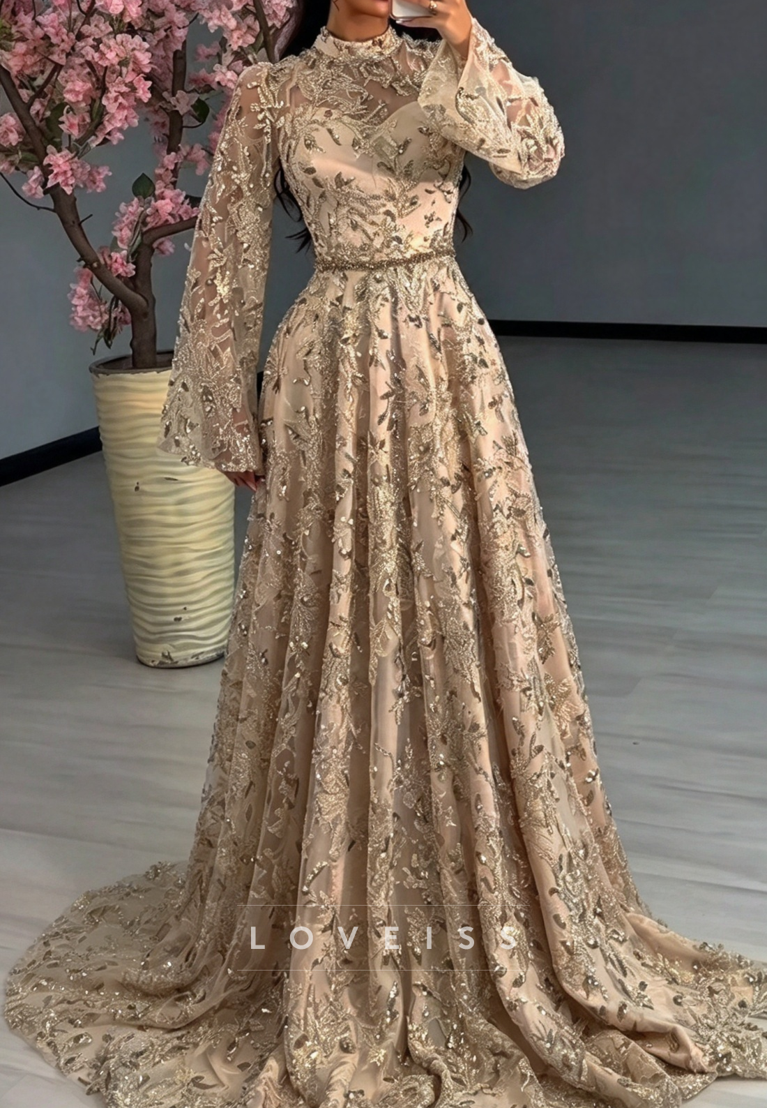 Embellished High Neck Gown with Bell Sleeves