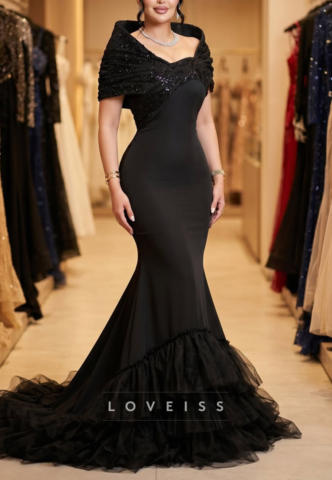 Off-Shoulder Sequin Wrap Mermaid Evening Gown