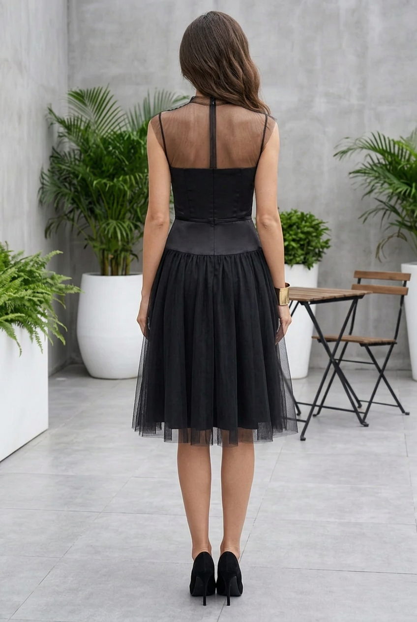 Illusion Neck Tulle Cocktail Dress with Open Back
