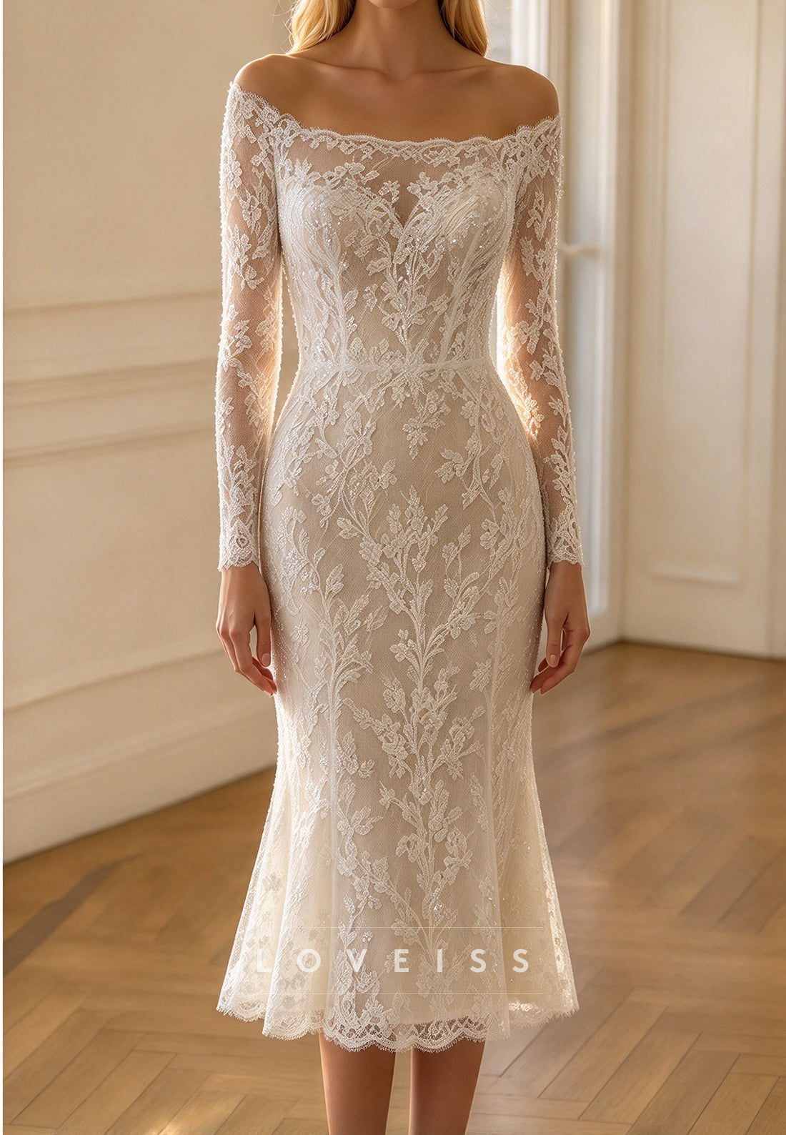 Off-the-Shoulder Lace Midi Wedding Dress