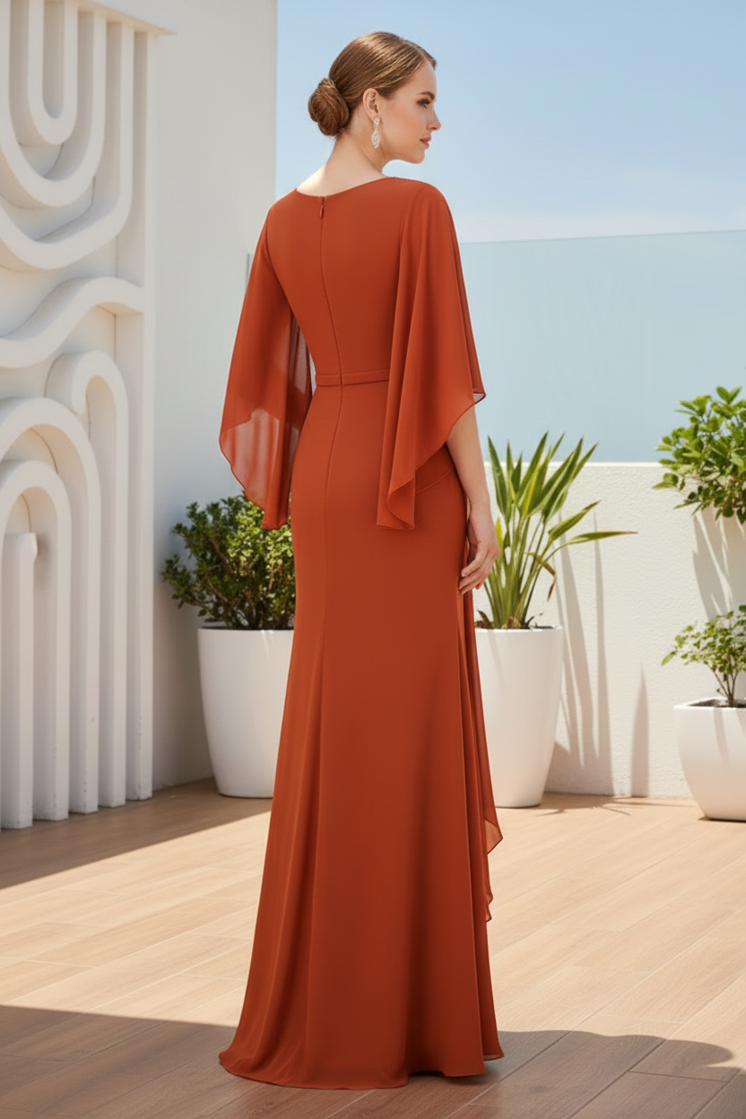 Beaded V-Neck Cape Sleeve Evening Gown