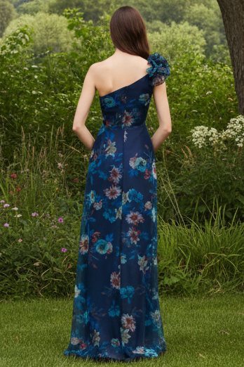One-Shoulder Floral Organza Gown with Pockets