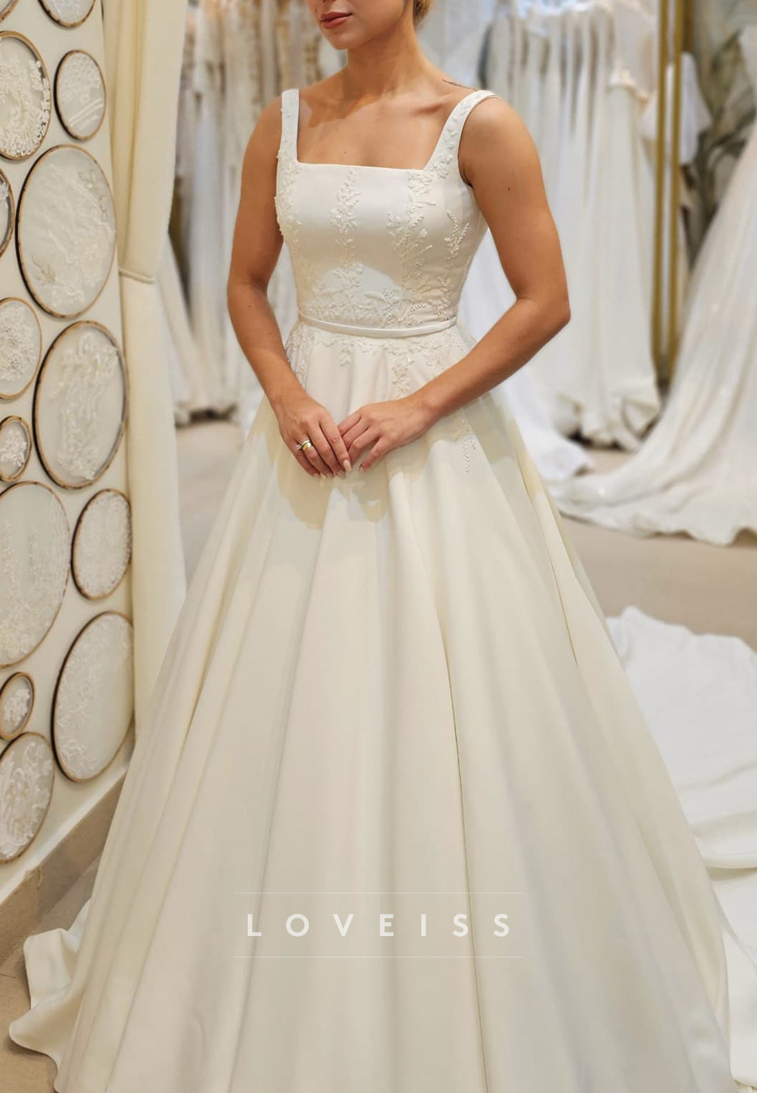Square Neck Embroidered Satin A-Line Wedding Dress – Loveiss