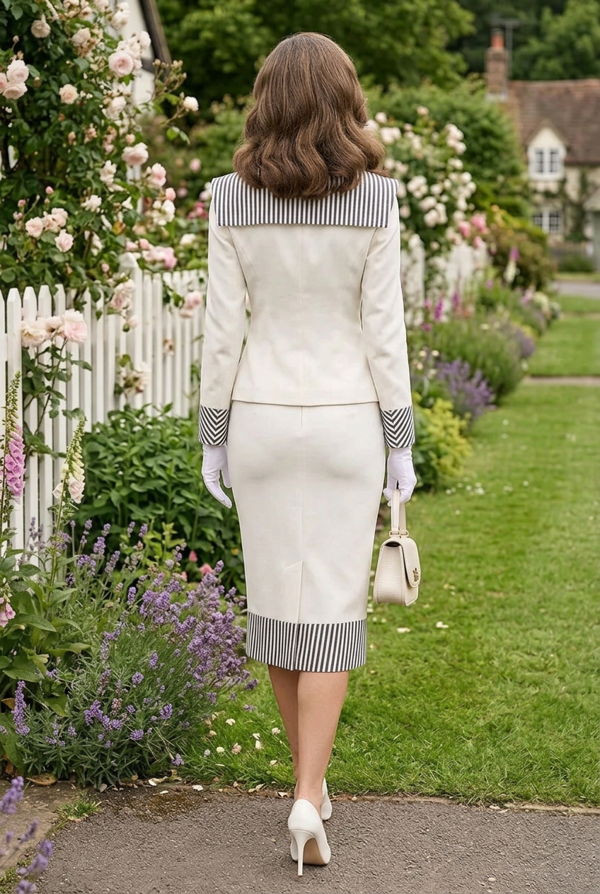 Striped Collar Jacket and Midi Pencil Skirt Suit