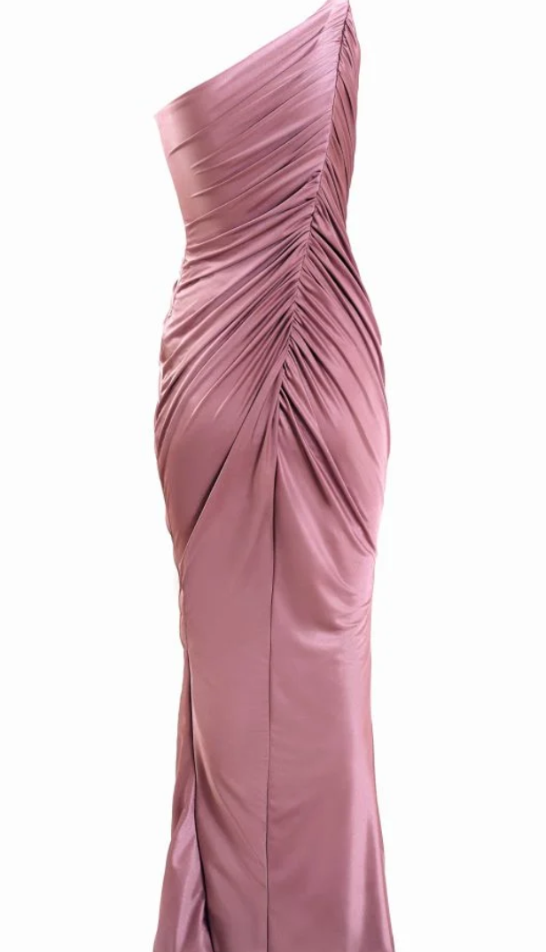 One Shoulder Ruched Satin Column Evening Gown
