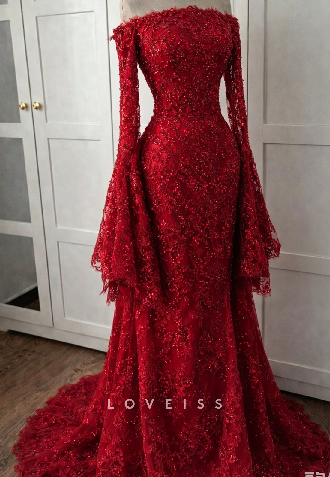 Off-Shoulder Bell Sleeve Lace Mermaid Evening Gown
