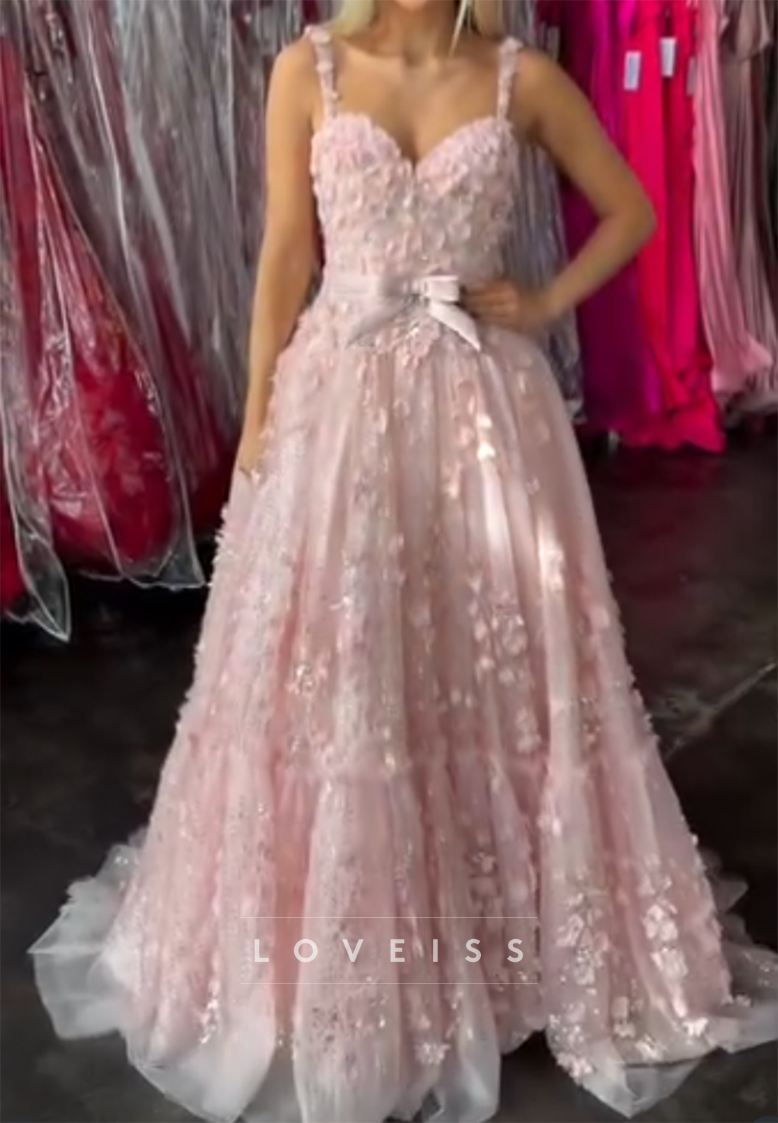 3D Floral Sequin Tulle A-Line Gown