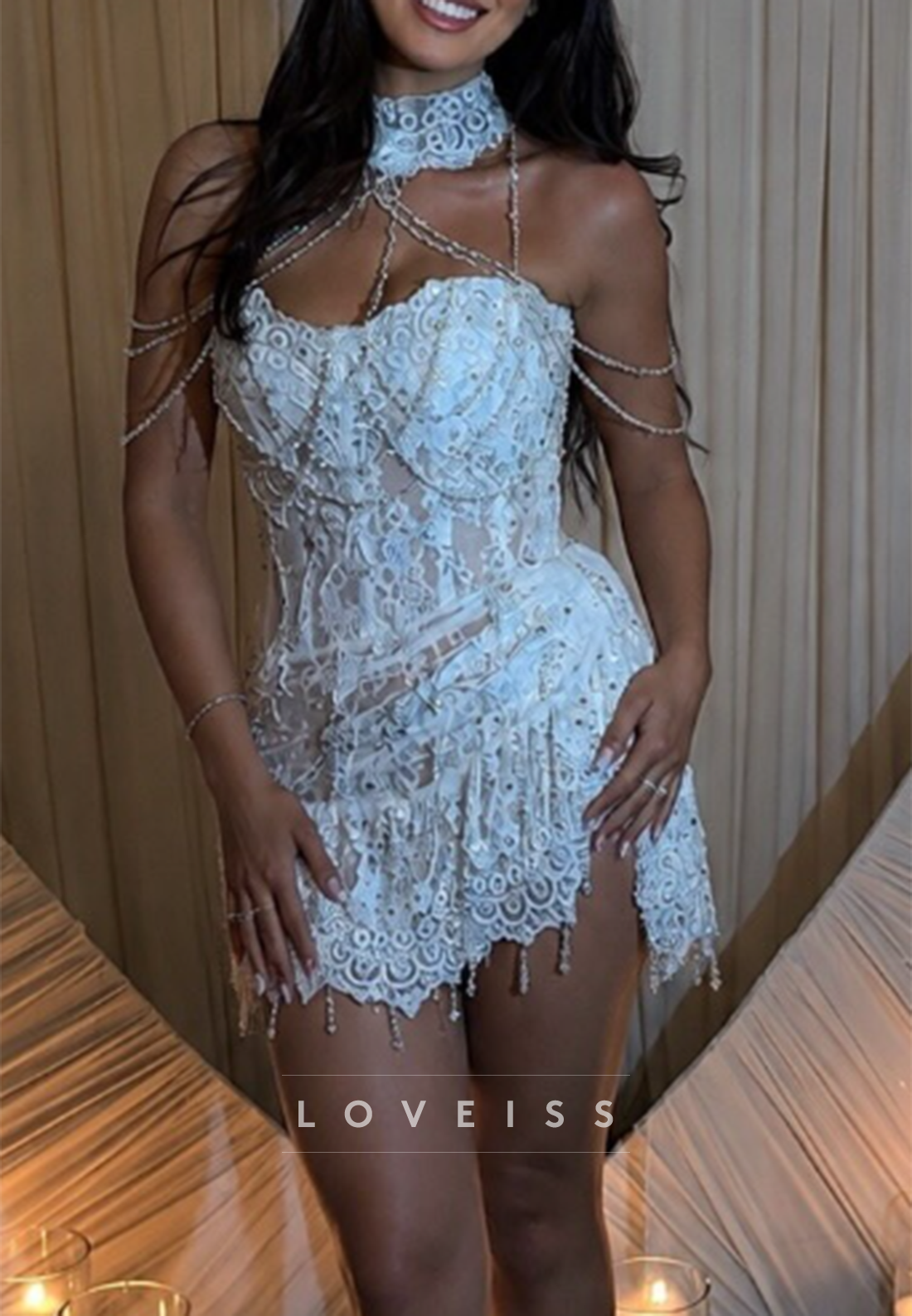 Lace Corset Mini Dress with Pearl Strands