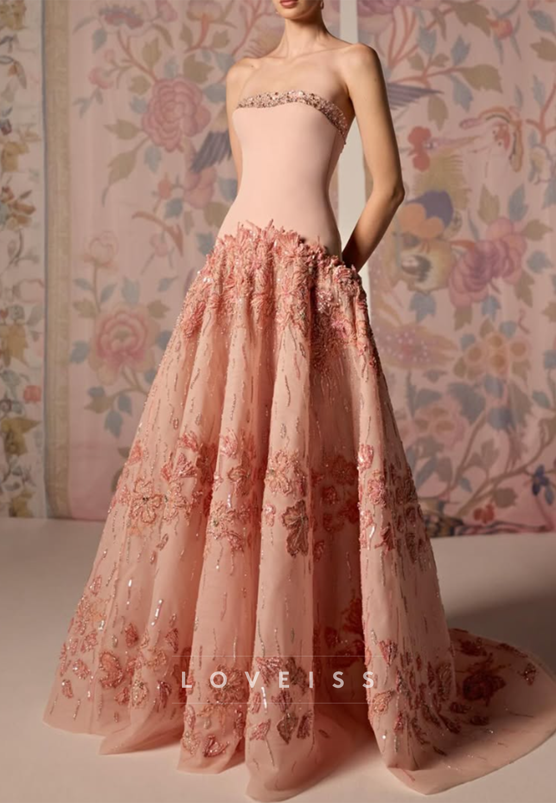 Strapless Sequin Floral A-Line Gown with Dropped Waist
