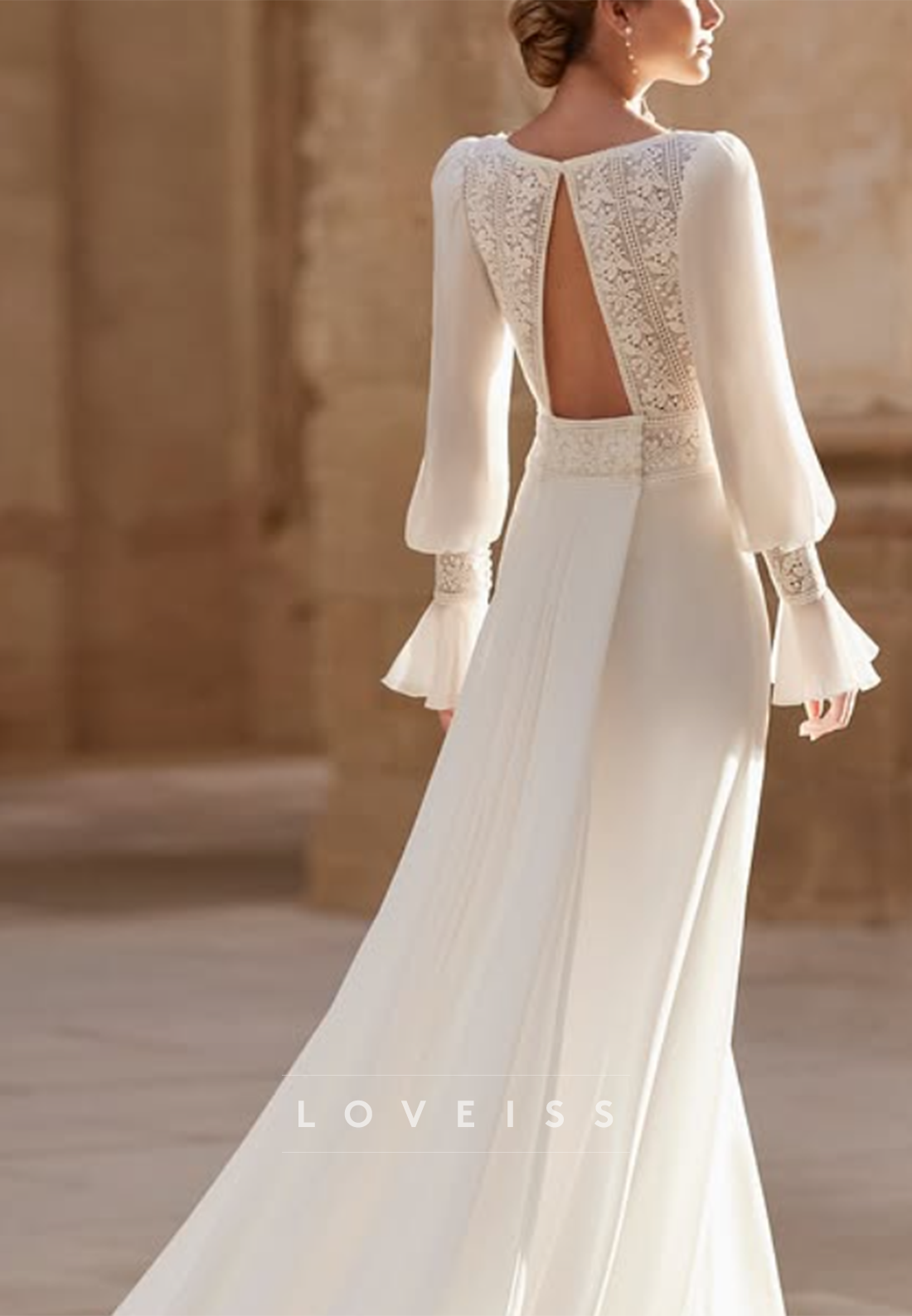Boho Lace V-Neck Wedding Dress with Bishop Sleeves
