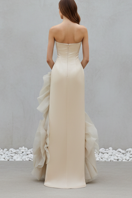 Strapless Satin Gown with 3D Floral Ruffle Cascade