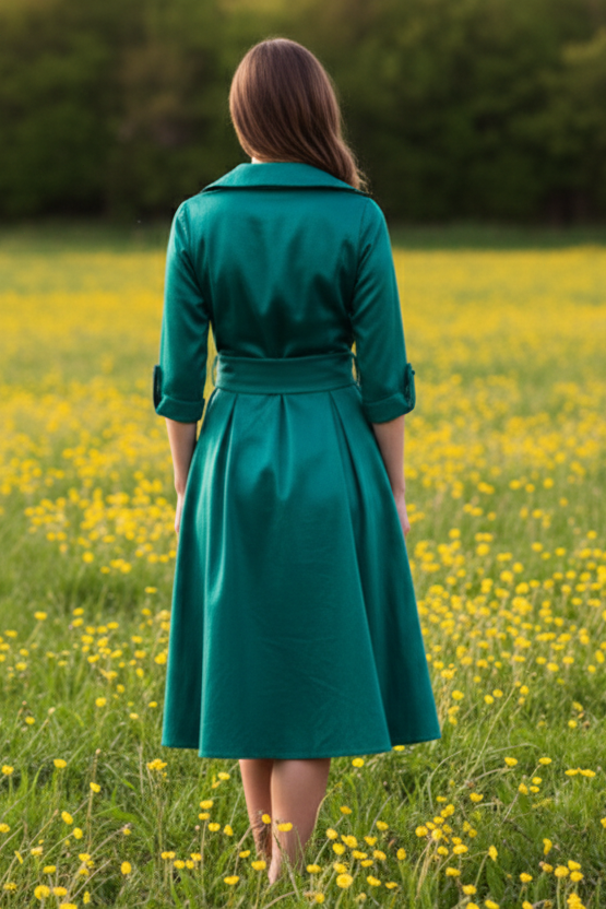 Collared A-Line Midi Dress with Tie Belt & Pockets