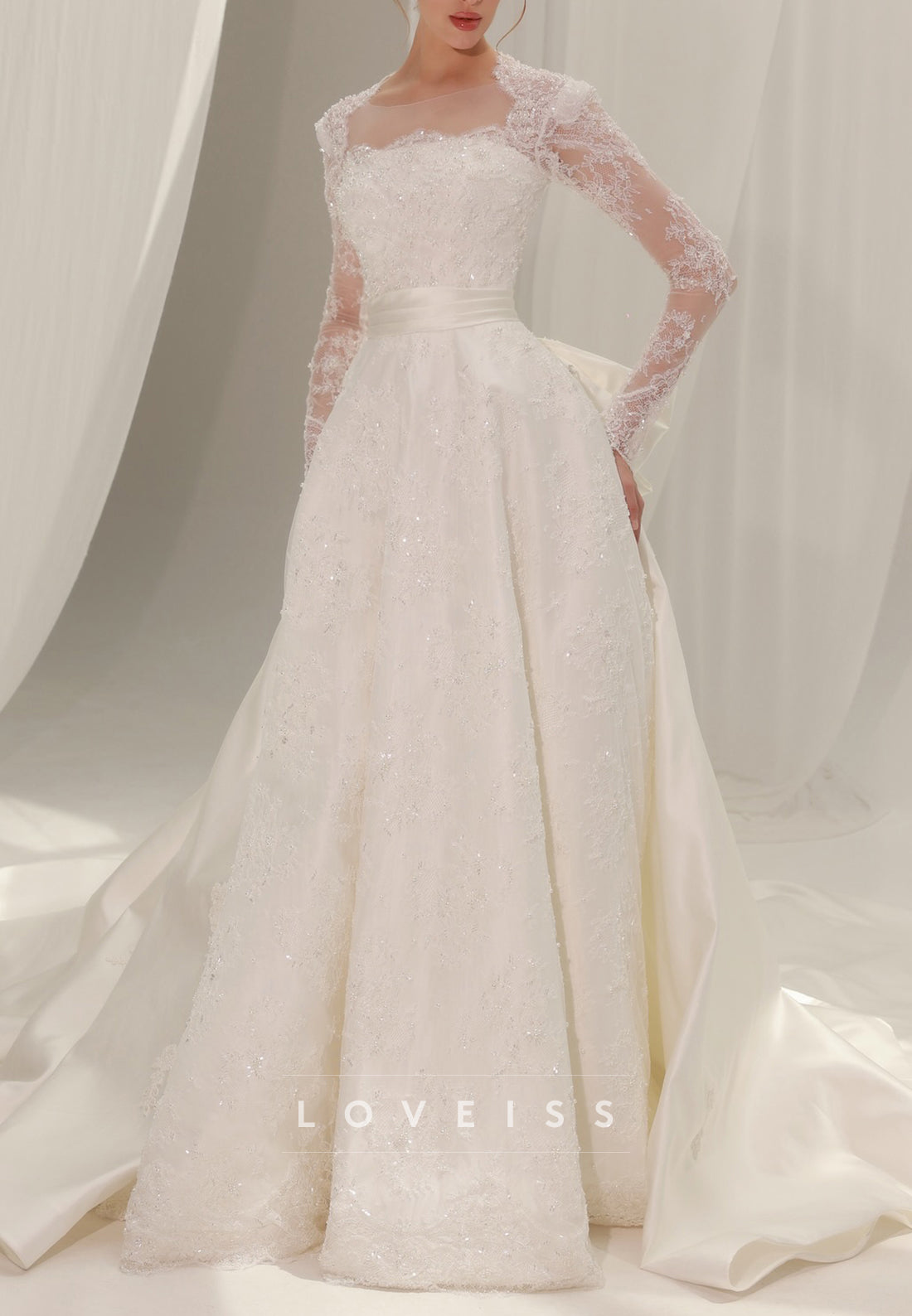Long Sleeve Lace A-Line Wedding Dress with Bow Back