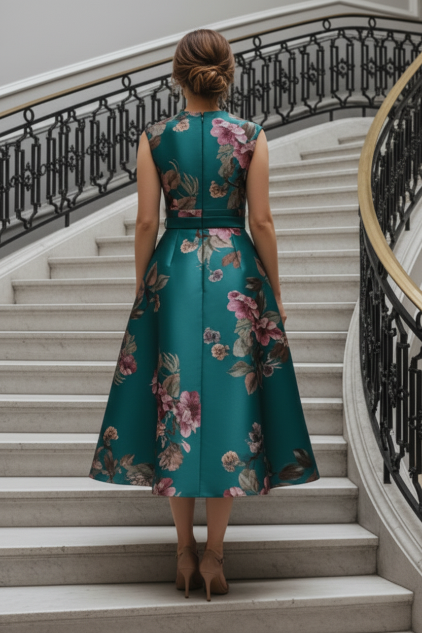 Floral Print Sleeveless V-Neck Midi A-Line Dress