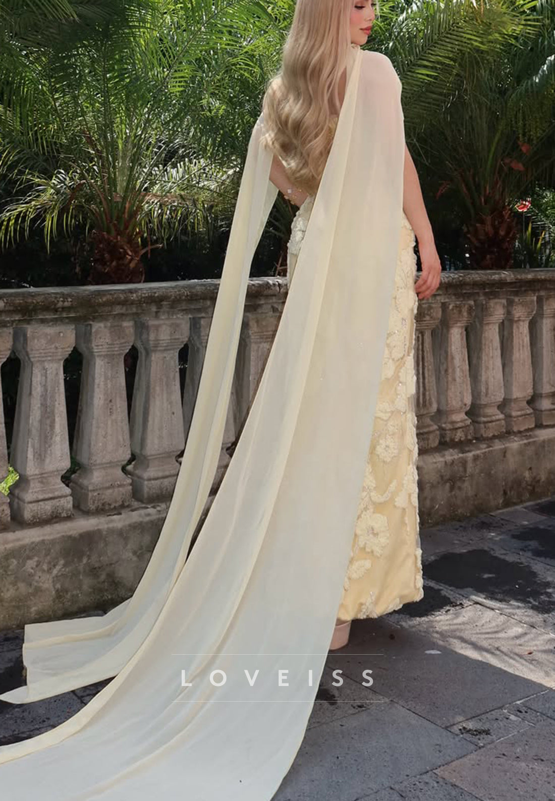 Floral Appliqué Strapless Column Gown with Cape