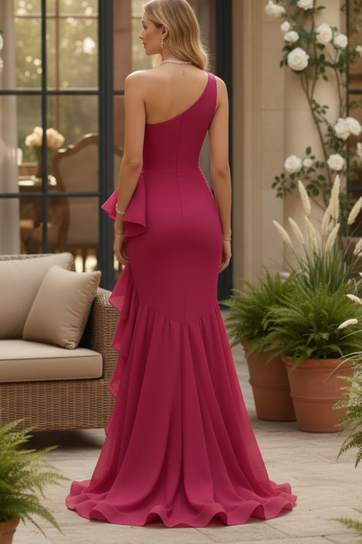 One-Shoulder Ruffled High-Low Evening Dress
