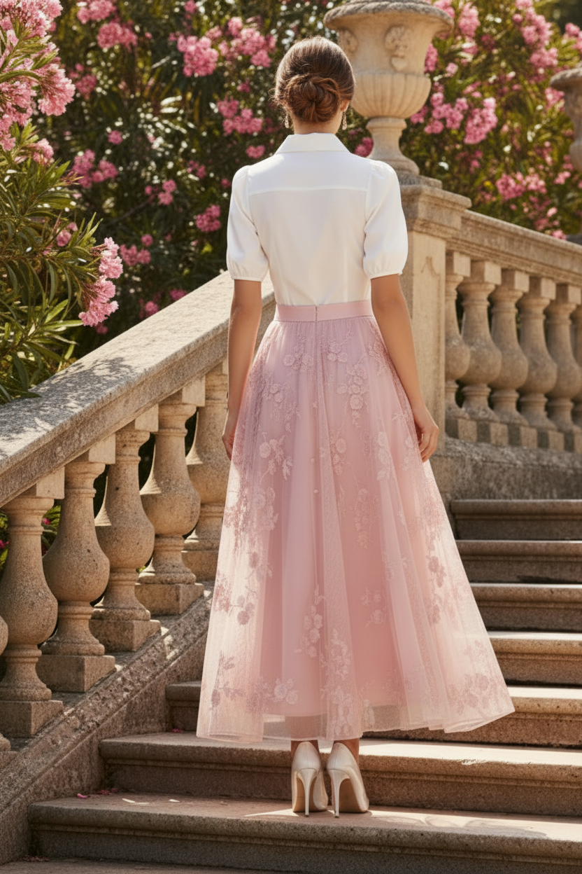 Collared Puff-Sleeve Shirt & Floral Lace A-Line Maxi