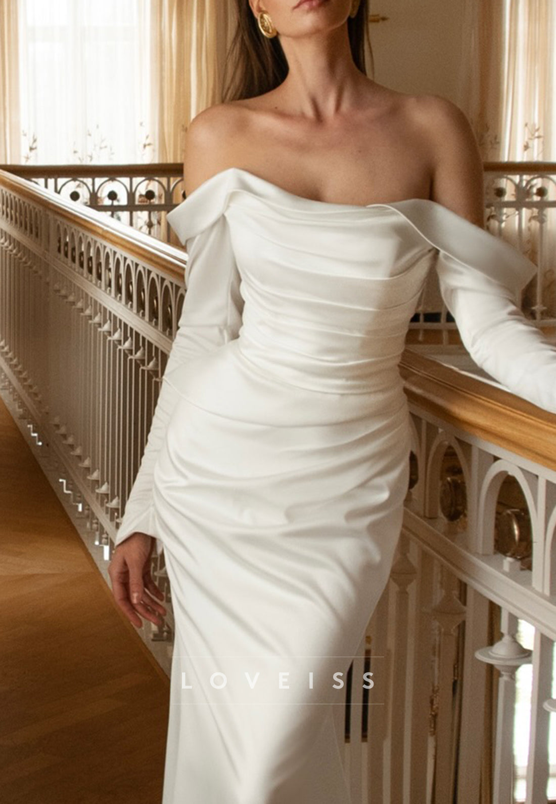 Off-Shoulder Ruched Satin Mermaid Wedding Gown
