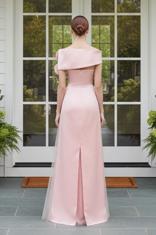 Off-Shoulder Satin Gown with 3D Flower Detail