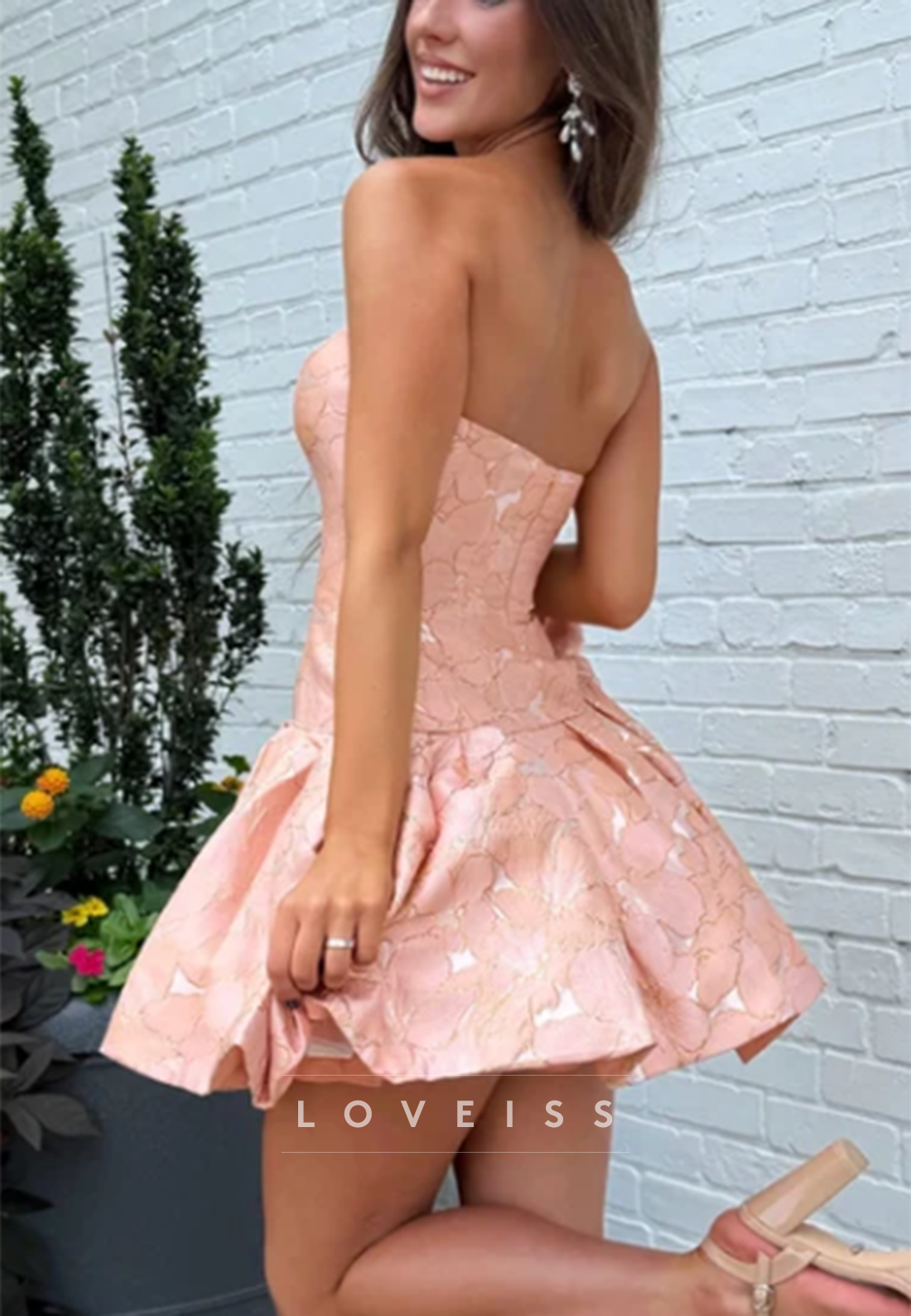 Strapless Floral Jacquard Drop-Waist Mini Dress