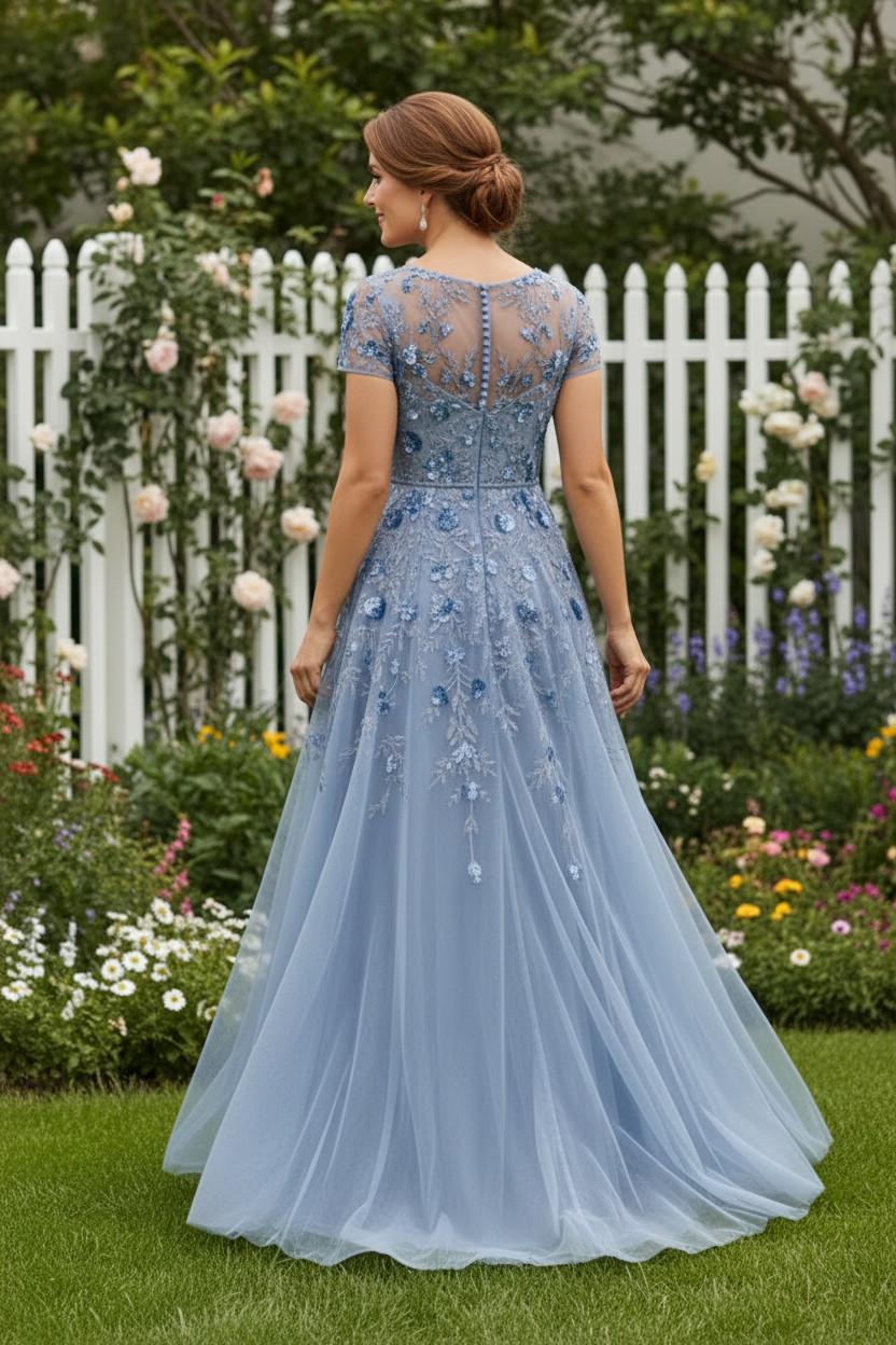 Embroidered Floral A-Line Tulle Gown