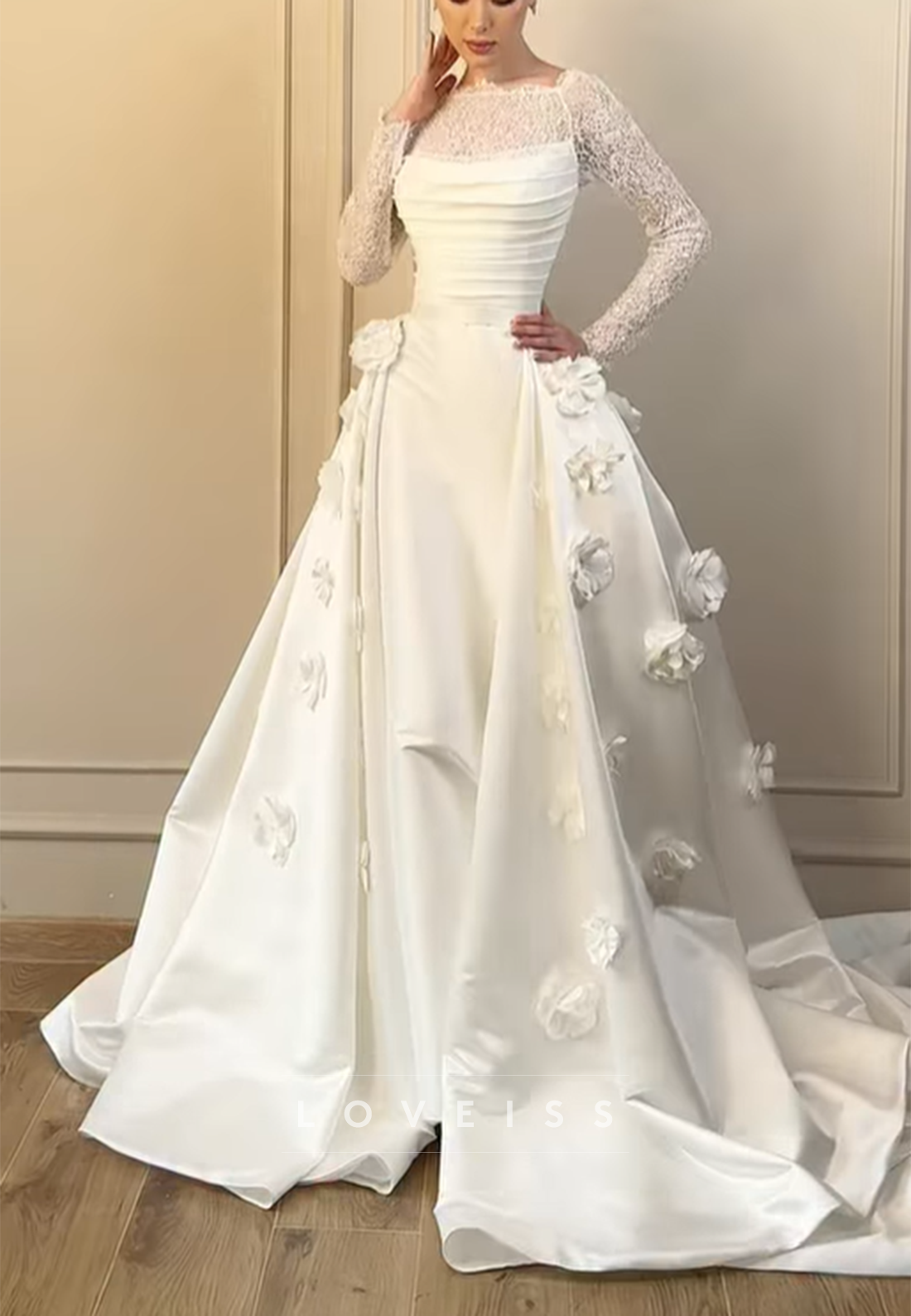 Illusion Long Sleeve 3D Floral Ball Gown