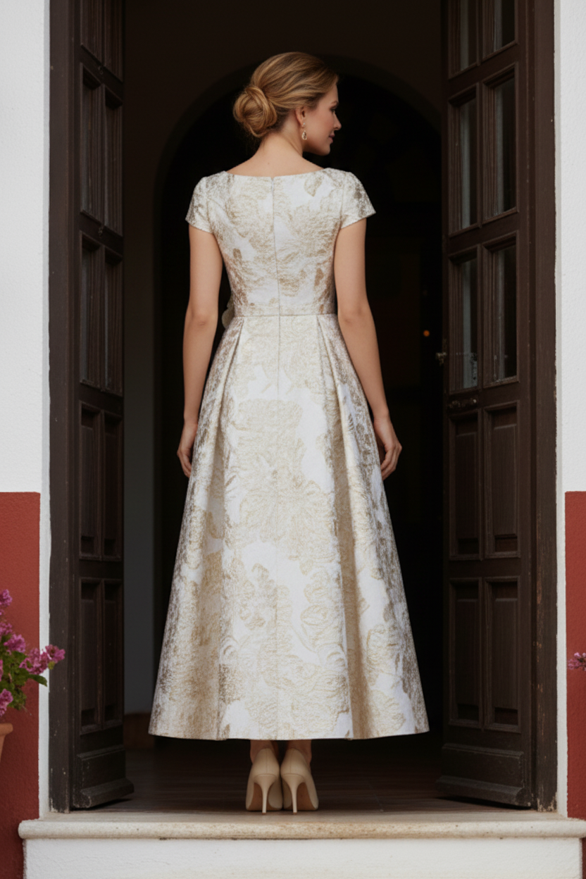 Floral Jacquard A-Line Dress with 3D Flower