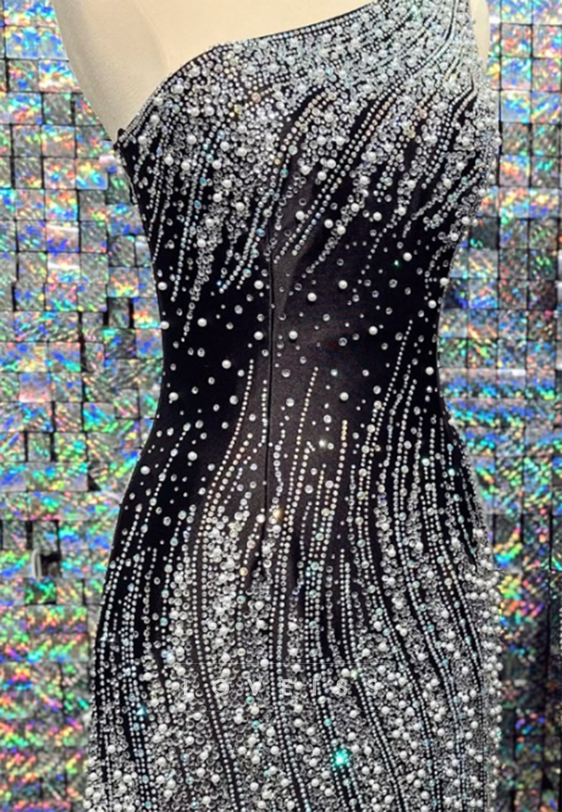 One-Shoulder Pearl and Crystal Embellished Mini Dress