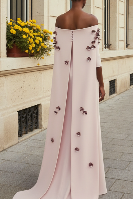 Off-the-Shoulder Cape Column Gown with 3D Flowers