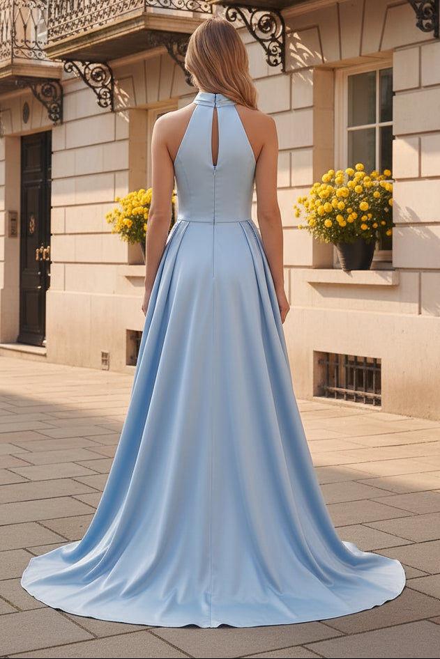 Halter Neck Floral Applique Gown with Overskirt