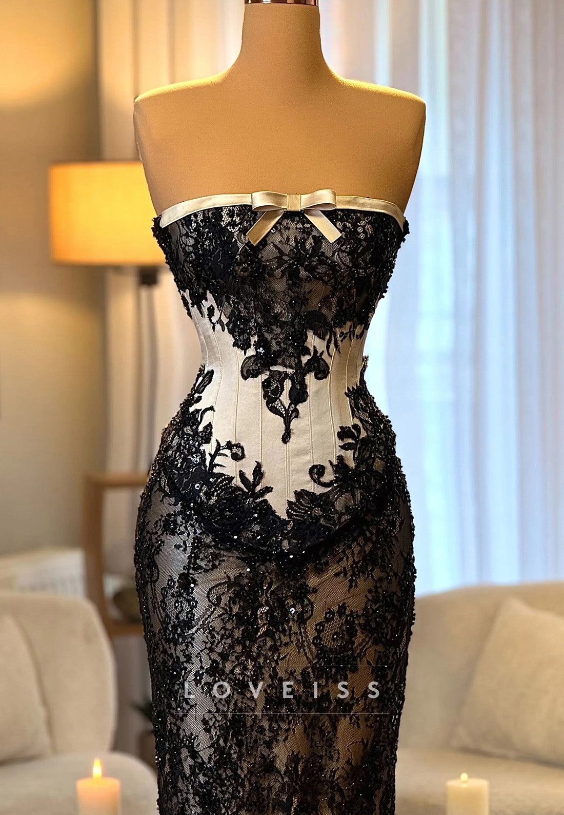 Strapless Lace Corset Column Evening Gown