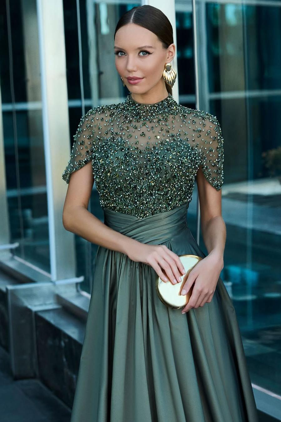 High Neck Short Sleeves Long Prom Dress With Beading Pockets