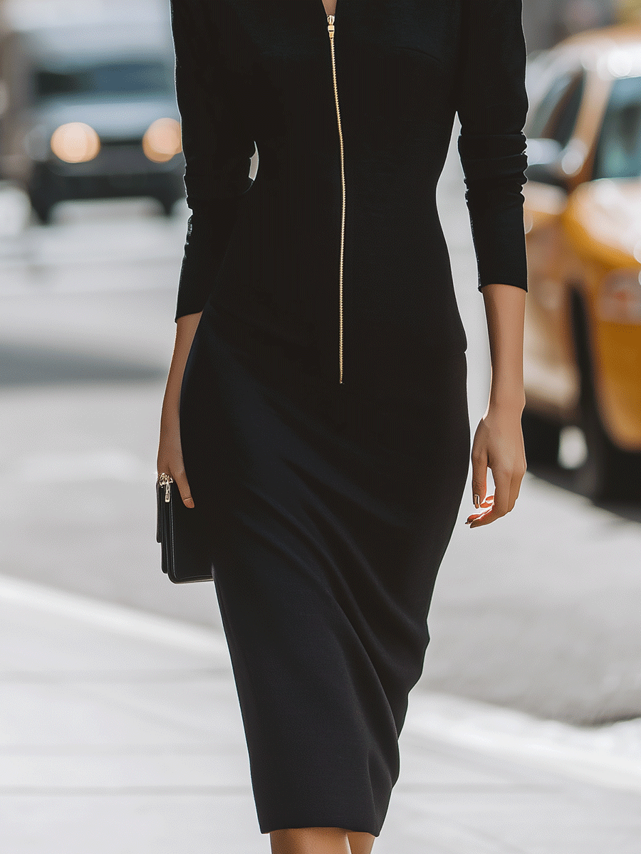 Black Zip-Front Midi Dress With Structured Shoulders