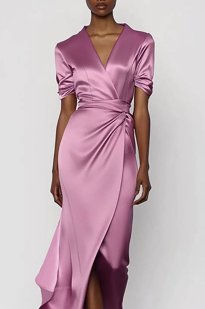 Fall Wedding Guest Dress Satin Green V-Neck Maxi Dress