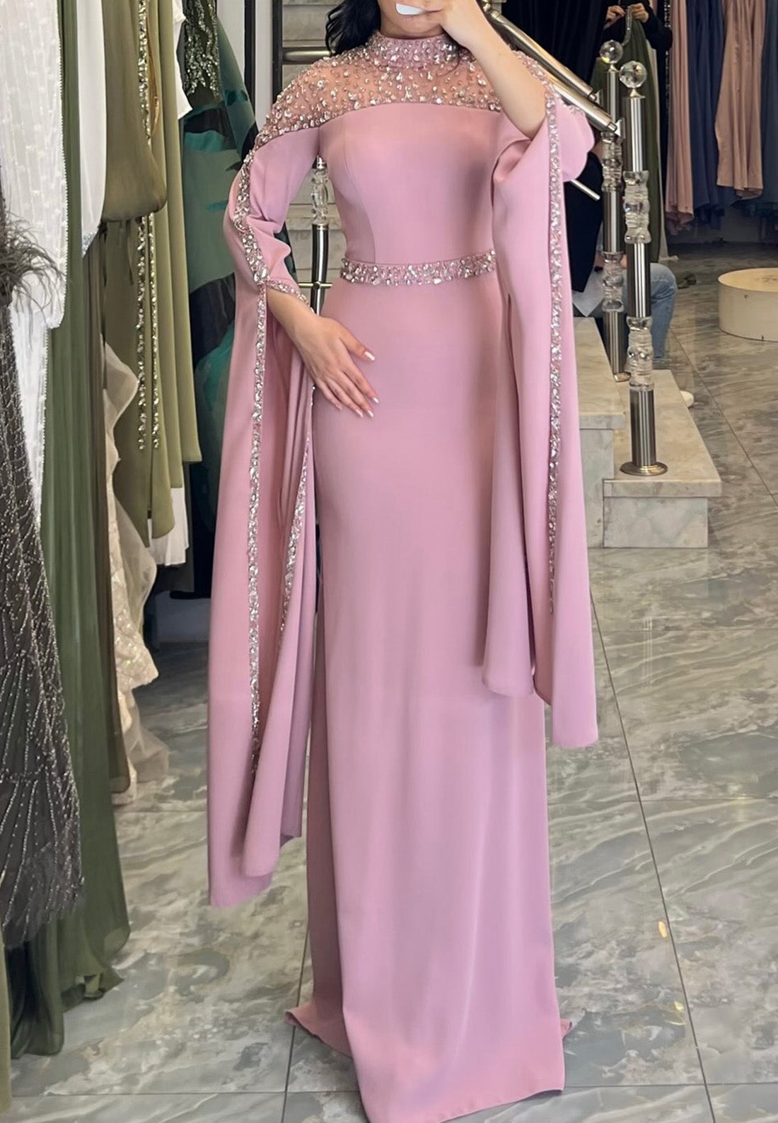 High Neck Long Sleeves Beaded Sleek Evening Dress Sheath Mother of Bride Dress