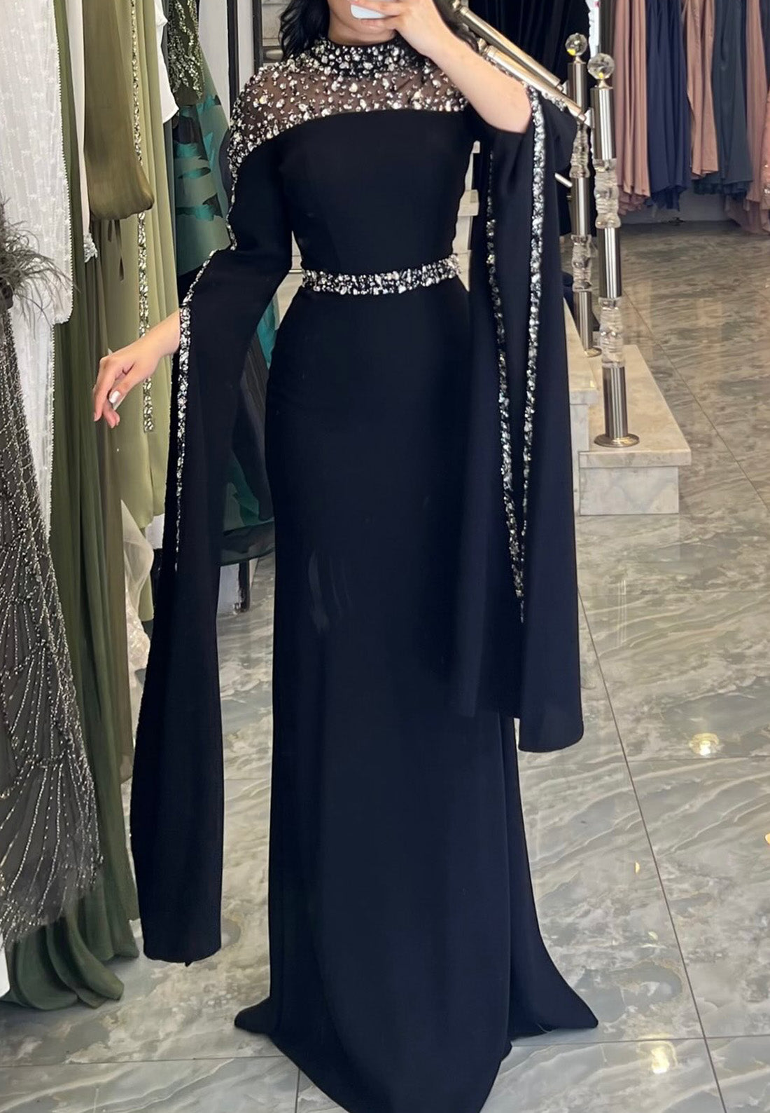High Neck Long Sleeves Beaded Sleek Evening Dress Sheath Mother of Bride Dress