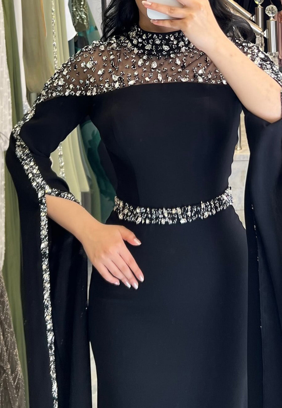 High Neck Long Sleeves Beaded Sleek Evening Dress Sheath Mother of Bride Dress